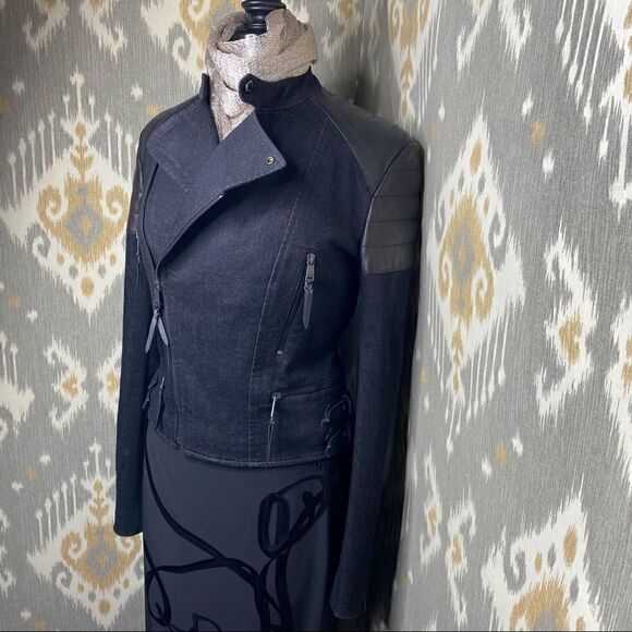 Ralph Lauren Italian Lamb Leather Patch Stretch Denim Moto Jacket - Picture 10 of 16